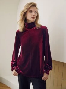 MOTF PREMIUM 絲絨小高領襯衫 - 酒紅色 - 查看 9