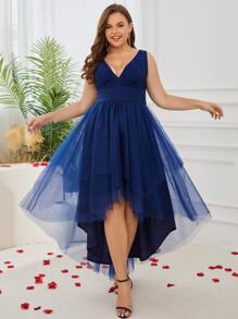 Plus High Low Hem Mesh Overlay Dress - Navy Blue - View 8