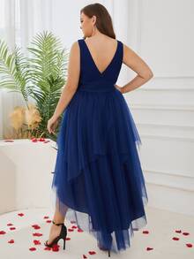 Plus High Low Hem Mesh Overlay Dress - Navy Blue - View 9