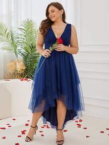 Plus High Low Hem Mesh Overlay Dress - Navy Blue - View 10