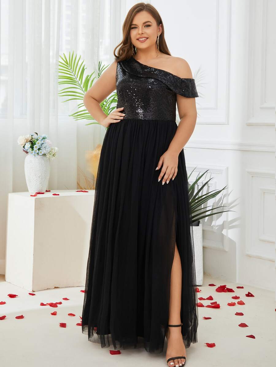 Đầm Plus Size ghép mộng kim sa Tách cao màu trơn Buổi tiệc - màu đen - Xem 1
