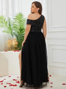 Đầm Plus Size ghép mộng kim sa Tách cao màu trơn Buổi tiệc - màu đen - Xem 2