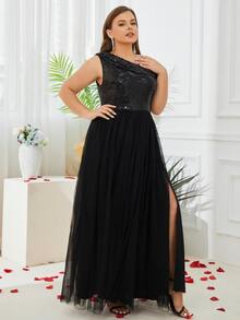 Đầm Plus Size ghép mộng kim sa Tách cao màu trơn Buổi tiệc - màu đen - Xem 3