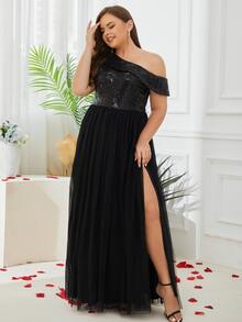 Đầm Plus Size ghép mộng kim sa Tách cao màu trơn Buổi tiệc - màu đen - Xem 4