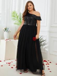 Đầm Plus Size ghép mộng kim sa Tách cao màu trơn Buổi tiệc - màu đen - Xem 6