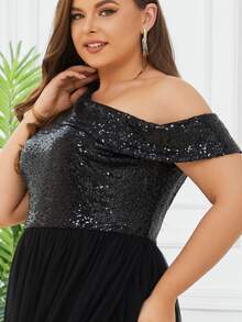 Đầm Plus Size ghép mộng kim sa Tách cao màu trơn Buổi tiệc - màu đen - Xem 7