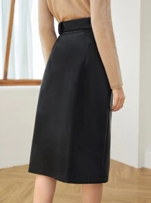 MOTF PREMIUM PU LEATHER MIDI BELTED SKIRT - Black - View 4