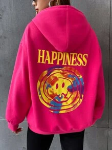 SHEIN EZwear Letter & Cartoon Graphic Kangaroo Pocket Drawstring Thermal Hoodie - Hot Pink - View 2