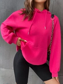 SHEIN EZwear Letter & Cartoon Graphic Kangaroo Pocket Drawstring Thermal Hoodie - Hot Pink - View 3