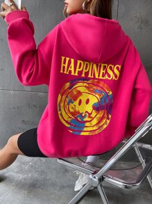 SHEIN EZwear Letter & Cartoon Graphic Kangaroo Pocket Drawstring Thermal Hoodie - Hot Pink - View 1