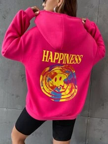 SHEIN EZwear Letter & Cartoon Graphic Kangaroo Pocket Drawstring Thermal Hoodie - Hot Pink - View 4