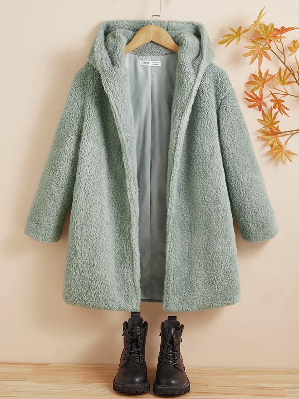 Girls Drop Shoulder Hooded Open Front Fuzzy Coat