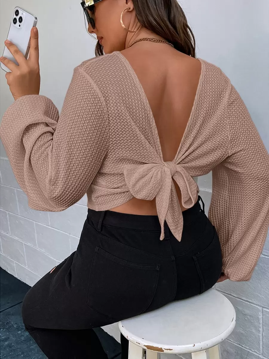 SHEIN Essnce Plus Tie Back Waffle Knit Tee - Mocha Brown - View 1