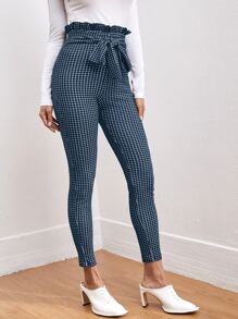 SHEIN Clasi Tie Trước Nếp gấp cao eo Kẻ sọc Quần bó sát Trang phục làm việc - Xanh và trắng - Xem 3