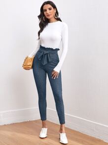 SHEIN Clasi Tie Trước Nếp gấp cao eo Kẻ sọc Quần bó sát Trang phục làm việc - Xanh và trắng - Xem 4