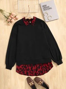 SHEIN LUNE Sudadera con estampado de dibujo de hombros caídos 2 en 1 - Rojo - Ver 1