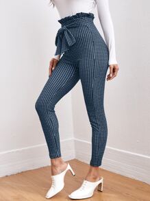 SHEIN Clasi Tie Trước Nếp gấp cao eo Kẻ sọc Quần bó sát Trang phục làm việc - Xanh và trắng - Xem 5