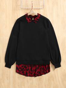 SHEIN LUNE Sudadera con estampado de dibujo de hombros caídos 2 en 1 - Rojo - Ver 5