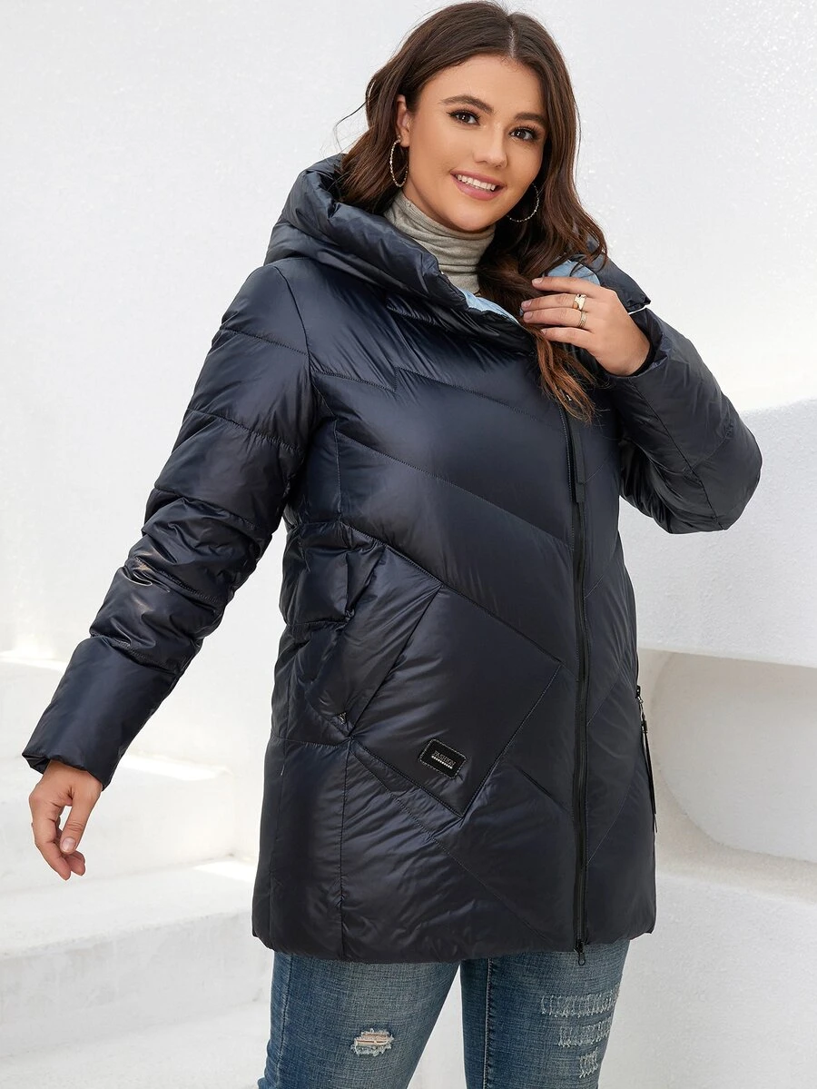 HaiLuoZi Plus Patch Detail Hooded Padded Coat - Navy Blue - View 1