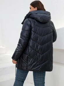 HaiLuoZi Plus Patch Detail Hooded Padded Coat - Navy Blue - View 2
