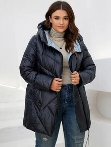 HaiLuoZi Plus Patch Detail Hooded Padded Coat - Navy Blue - View 4