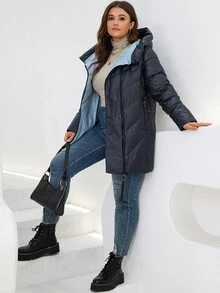 HaiLuoZi Plus Patch Detail Hooded Padded Coat - Navy Blue - View 5