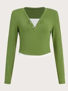 Áo thun nữ Nút màu trơn Giải trí - màu xanh lá - Xem 1