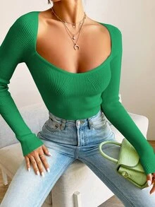 SHEIN Frenchy Sweetheart Neck Raglan Sleeve Jumper - Green - View 6