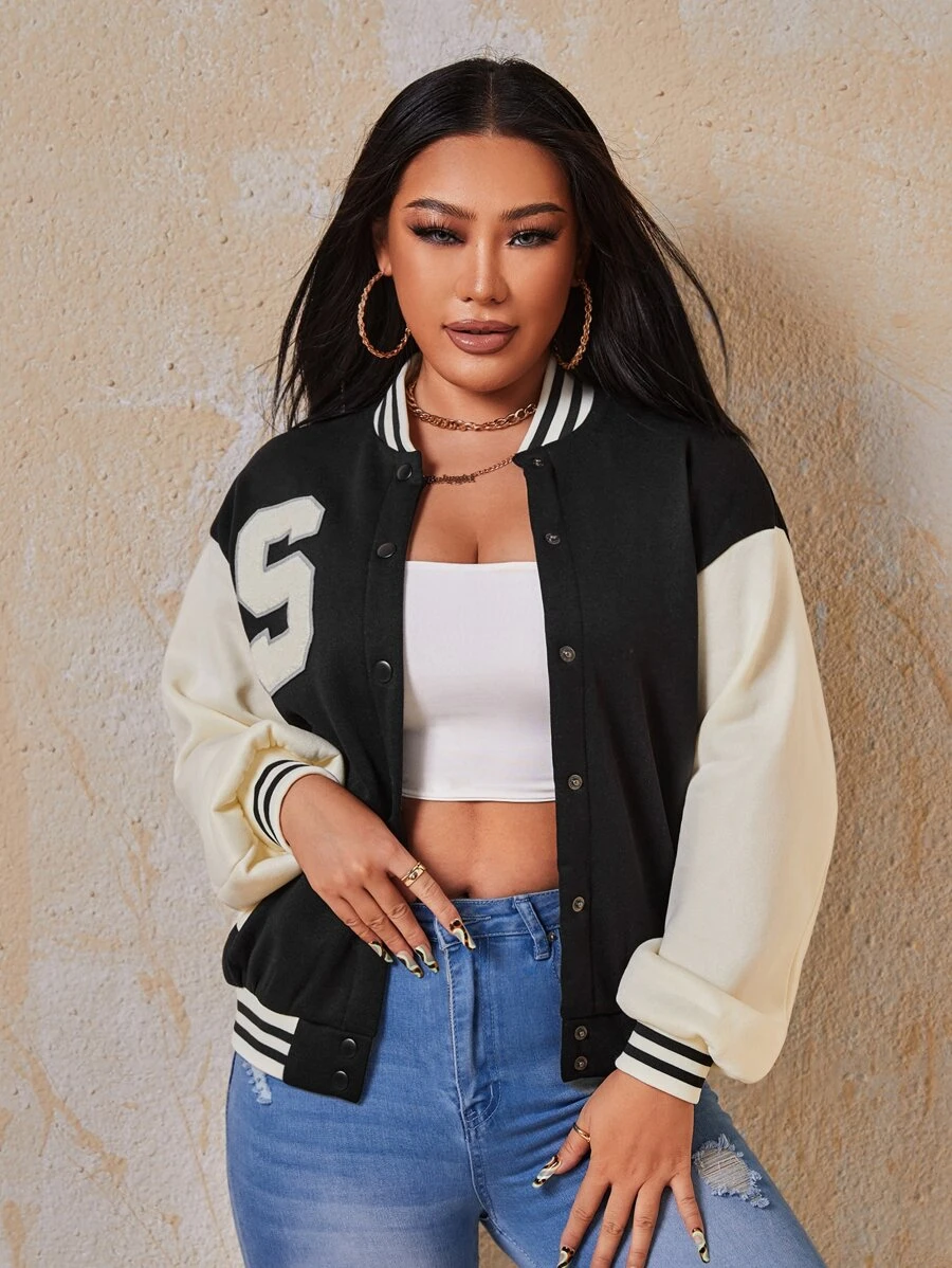 SHEIN SXY Letter Patched Striped Trim Drop Shoulder Varsity Jacket - Black - View 1