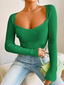 SHEIN Frenchy Sweetheart Neck Raglan Sleeve Jumper - Green - View 7