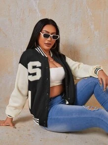SHEIN SXY Letter Patched Striped Trim Drop Shoulder Varsity Jacket - Black - View 2