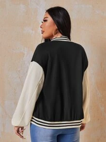 SHEIN SXY Letter Patched Striped Trim Drop Shoulder Varsity Jacket - Black - View 3