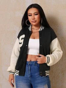 SHEIN SXY Letter Patched Striped Trim Drop Shoulder Varsity Jacket - Black - View 6
