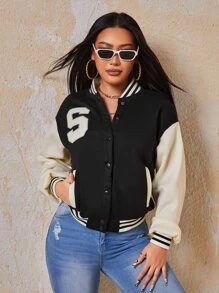 SHEIN SXY Letter Patched Striped Trim Drop Shoulder Varsity Jacket - Black - View 7