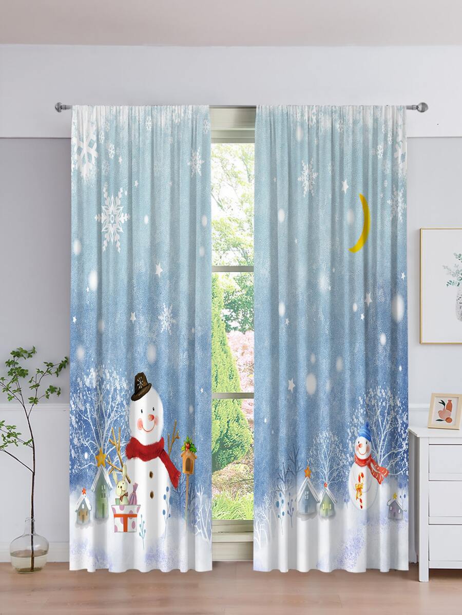 2pcs Christmas Snowman Pattern Waterproof Curtain - Multicolor - View 1