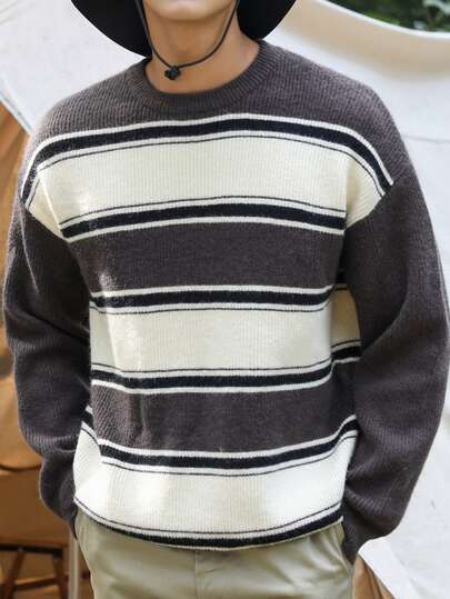 DAZY 男性 ストライプパターン カラーブロック ドロップショルダー セーター