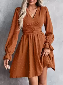 SHEIN LUNE Đầm Xù Dải chun màu trơn Boho - Rỉ Nâu - Xem 1