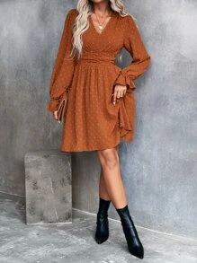 SHEIN LUNE Đầm Xù Dải chun màu trơn Boho - Rỉ Nâu - Xem 4