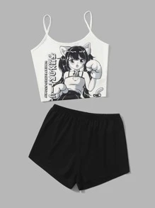 ROMWE Anime 人像圖案睡衣套裝 - 黑與白 - 查看 6