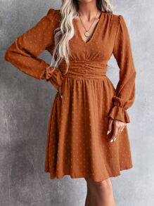 SHEIN LUNE Đầm Xù Dải chun màu trơn Boho - Rỉ Nâu - Xem 5