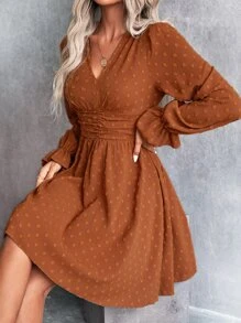 SHEIN LUNE Đầm Xù Dải chun màu trơn Boho - Rỉ Nâu - Xem 6