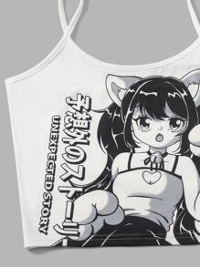 ROMWE Anime 人像圖案睡衣套裝 - 黑與白 - 查看 3