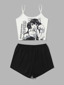 ROMWE Anime 人像圖案睡衣套裝 - 黑與白 - 查看 4