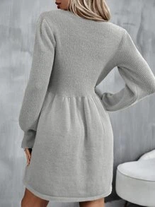 SHEIN Unity Ribbed Knit Lantern Sleeve Jumper Dress - Grey - View 2