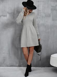 SHEIN Unity Ribbed Knit Lantern Sleeve Jumper Dress - Grey - View 3