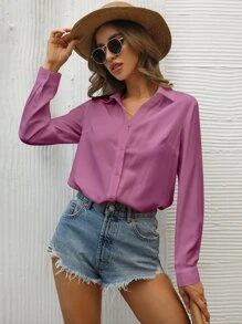 SHEIN Privé 素色前排扣襯衫 - 紫色 - 查看 1