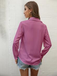 SHEIN Privé 素色前排扣襯衫 - 紫色 - 查看 2