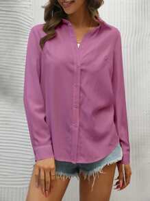 SHEIN Privé 素色前排扣襯衫 - 紫色 - 查看 3
