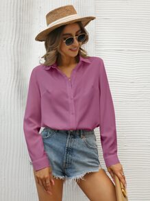 SHEIN Privé 素色前排扣襯衫 - 紫色 - 查看 6