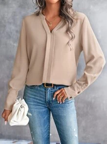 SHEIN LUNE Solid Notched Neck Shirt - Khaki - View 1